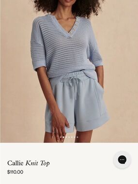Varley “Callie” Light Blue Open-Knit V-Neck Top with Button Accents
